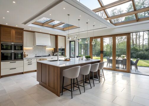 Fototapeta Modern luxury kitchen with large island and skylight overlooking a garden through glass doors isolated on white background