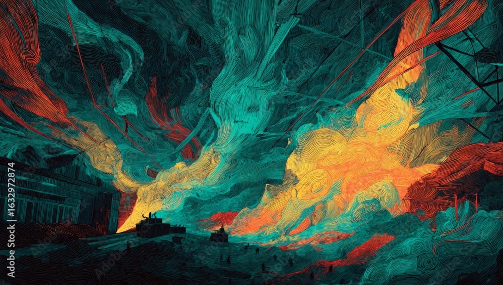 Poster abstract color explosion in surreal landscape: a vibrant explosion of color fills the canvas, with d