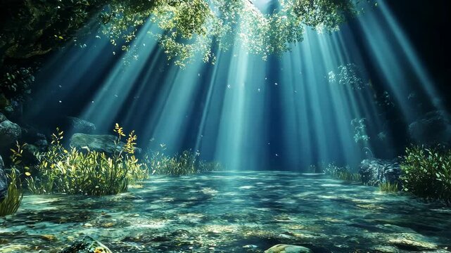 Serene forest scene with sunlight filtering through trees, illuminating a tranquil pond surrounded by lush greenery