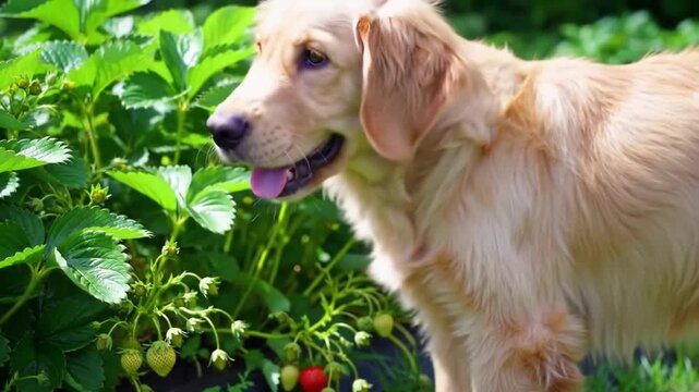 Golden Retriever Explores a Strawberry Patch on a Summer Day