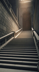 Obraz premium Majestic Grand Staircase Ascending Towards a Mysterious Illuminated Archway Bathed in Dramatic Light and Shadow