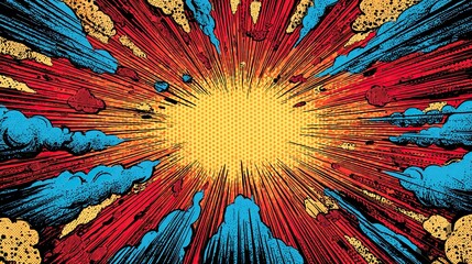 Concentric rays emanate from a center of explosion amid comic style clouds