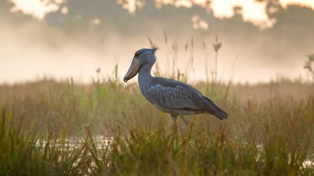 Shoebill Stork in Misty Wetlands: Majestic Bird in Natural Habitat