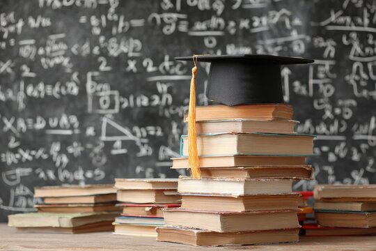Graduation cap on books, chalkboard background