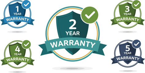 A set of five warranty badges, each showing a different year duration (1, 2, 3, 4, and 5 years), with a checkmark symbol.