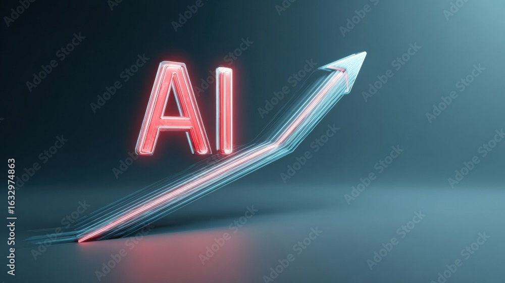 Poster growth of artificial intelligence represented by a glowing arrow and bold letters indicating potenti
