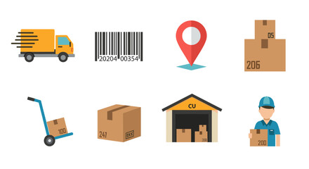 Illustration of a delivery truck, barcode, location pin, boxes, hand truck, warehouse, and delivery man