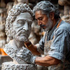 A sculptor meticulously crafting a clay bust with intricate details in a workshop setting focused