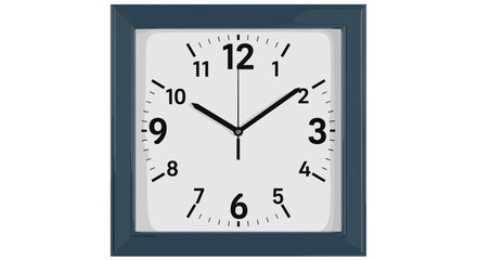 A rectangular wall clock with a blue frame and a white face showing the time at ten minutes past ten