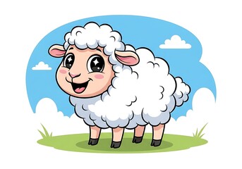 Fototapeta premium Cute cartoon sheep standing on a grassy field, cheerful expression, bright colors.
