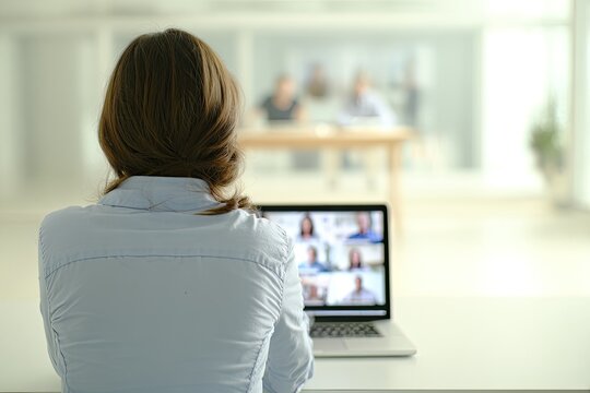 Woman in light blue shirt, back view, viewing video conference on laptop. Blurred background of meeting room