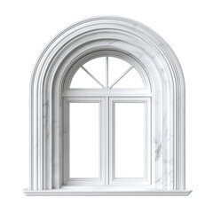 A classic arched window with white marble decoration, featuring intricate detailing and a timeless architectural design element.