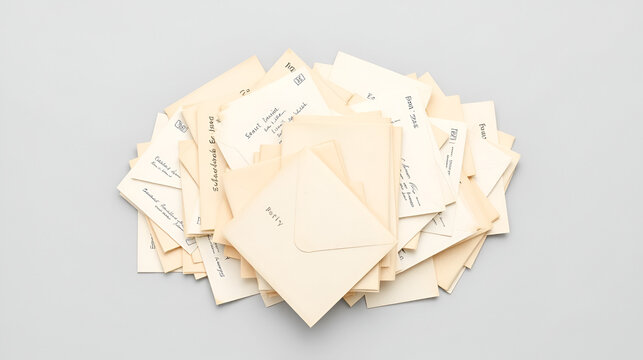 A pile of unsent diplomatic letters, isolated on a pastel gray background, symbolizing the breakdown of international relations,