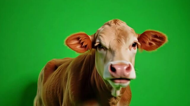 Funny cow makes a silly face and moos on a green screen, perfect for playful video content.