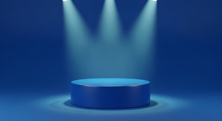 Single Circular Podium with Spotlights in Dark Blue Room – 3D Render
