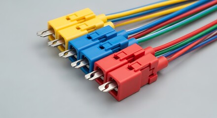 Obraz premium Colorful electrical connectors and wires showcasing technological connectivity and communication