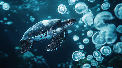 A turtle swimming in a sea of jellyfish