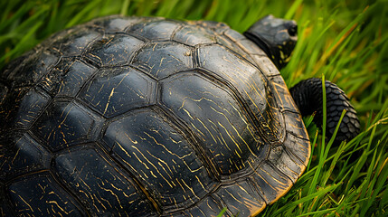 A turtle is laying on the grass