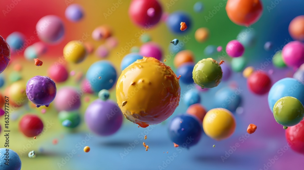 Poster a vibrant and colorful abstract composition featuring floating spheres of various hues against a rai