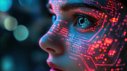 Woman, futuristic face paint, circuit design, night city bokeh, tech ad