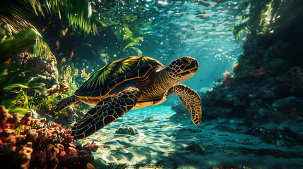 A turtle swimming in the ocean with a coral reef in the background