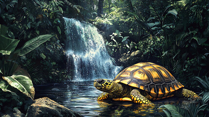 A turtle is in a stream surrounded by trees