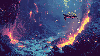 A turtle is swimming in a lava pool