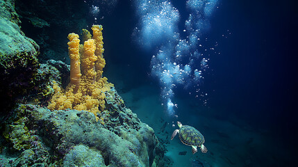 A turtle is swimming in the ocean near a coral reef