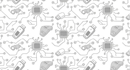 Minimalist tech doodle pattern, circuit board paths, microchips