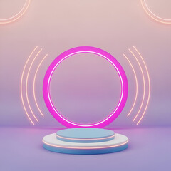 Obraz premium Futuristic Two-Tiered Podium with Neon Rings and Pastel Gradient Background – 3D Render 