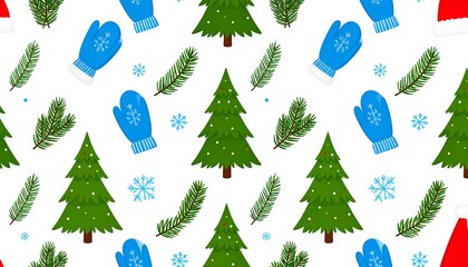 Christmas pattern with trees, mittens, and fir branches