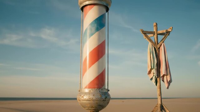 barber pole - A vintage barber pole stands on a sandy beach, with colorful towels hanging nearby, under a clear blue sky, evoking a serene and nostalgic seaside atmosphere