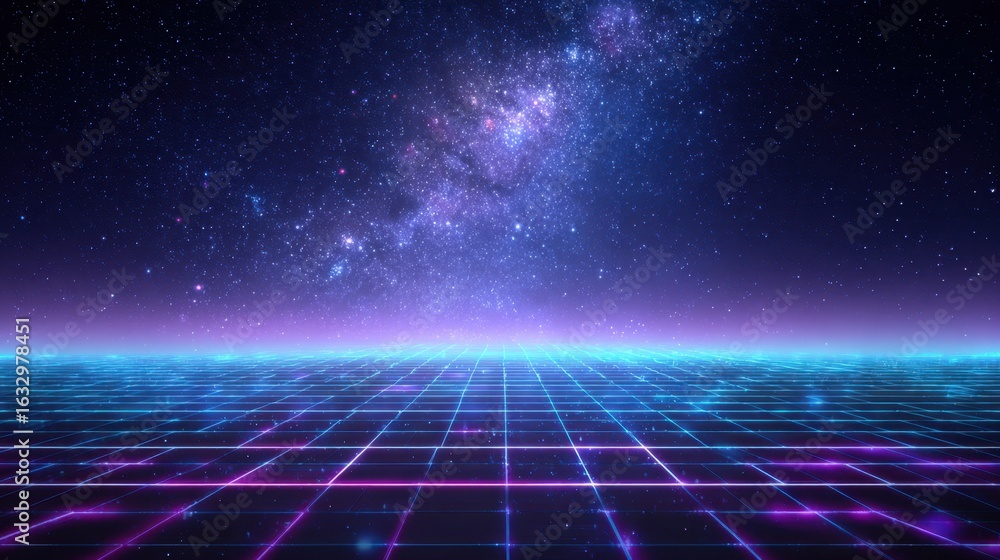 Poster a vibrant digital landscape with a grid pattern glows beneath a sky, creating a retro-futuristic atm