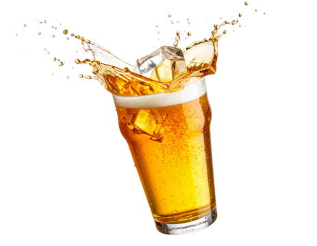  Frozen Lager Beer Glass with Frost and Ice Cube Splash Explosion, Diagonal Composition, Transparent Background