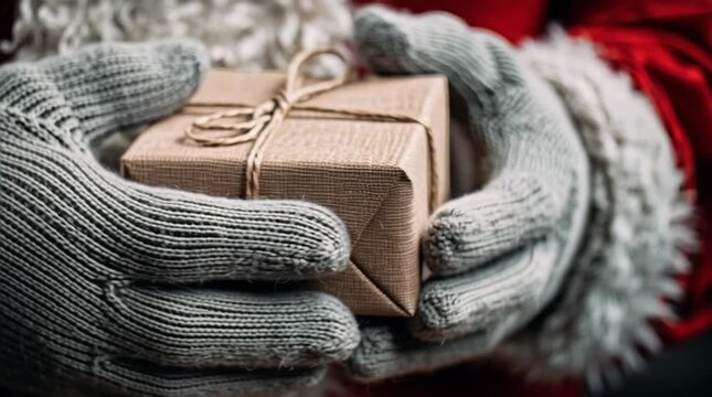 A gloved hand holding a wrapped gift with a twine bow against a fluffy white and red background