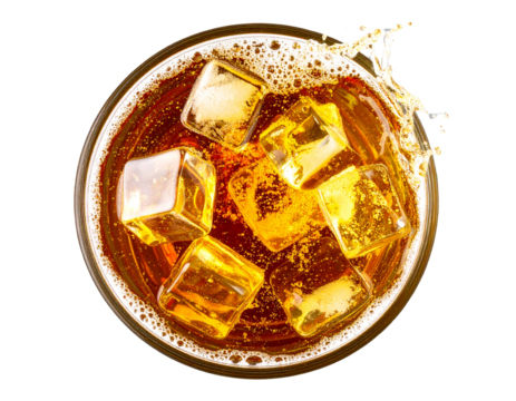 Top View of Lager Beer with Floating Ice Cubes and Radial Splash, Transparent Background
