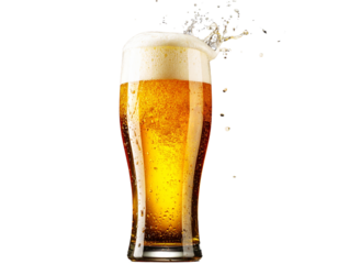  Tall Frosted Beer Glass with Ice Cubes, Beer Overflowing in Slow Drip, Centered Composition, Transparent Background
