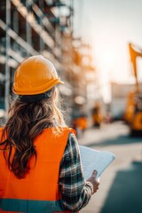 A woman with long hair, wearing a hard hat and reflective vest, studies construction plans on-site.