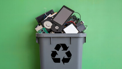 Dispose of old electronics responsibly with this e-waste recycling bin overflowing with discarded tech components.