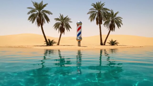barber pole - A serene oasis in a vast desert featuring palm trees surrounding a unique barber pole, reflecting in the clear water, evoking a sense of tranquility and escape
