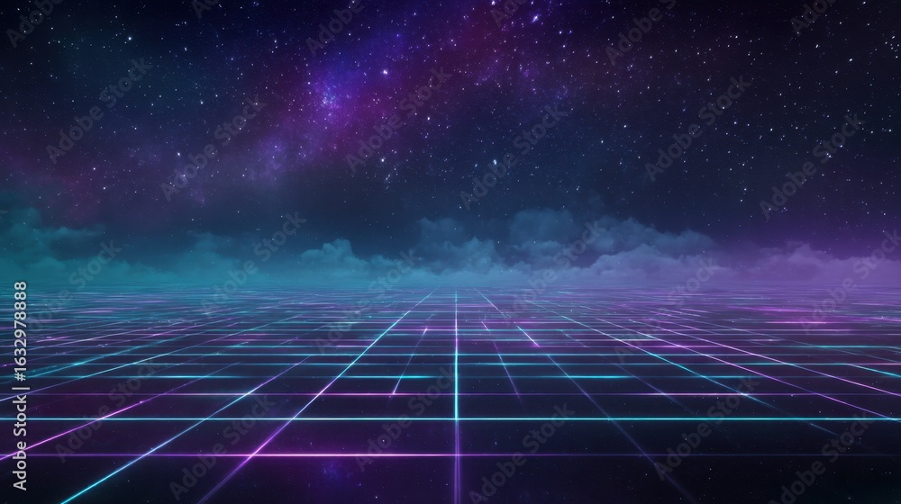 Poster a vibrant digital landscape with a grid pattern under a sky, creating a futuristic and abstract visu