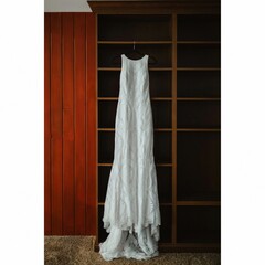 Vestido de renda branco pendurado em arm&aacute;rio