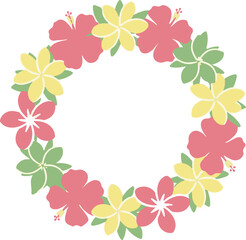 A beautiful tropical floral wreath with colorful pink hibiscus and yellow frangipani flowers. Isolated vector graphic for summer designs.