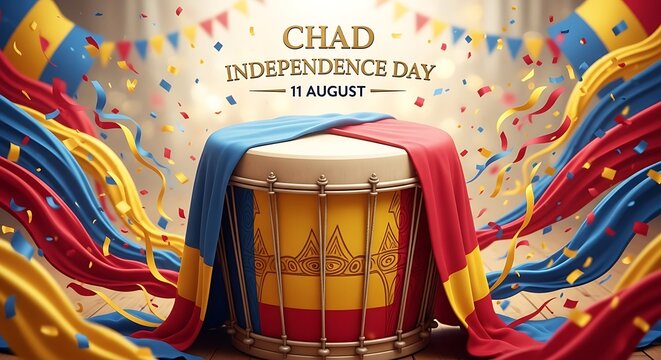 Chad Independence Day Celebration: Drum, Flag Drapes, Confetti, Festive Design. - Powered by Adobe