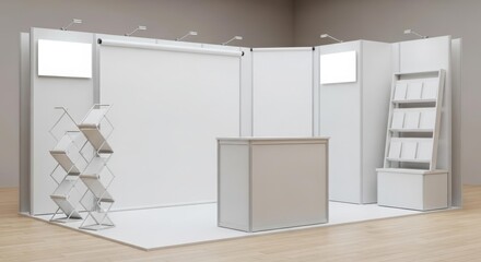 Modern minimalist trade show booth design, showcasing clean white panels, brochure holders, and a reception counter.