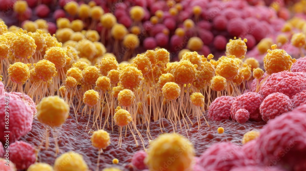 Poster a vibrant microscopic view reveals a complex biological landscape filled with various cellular struc