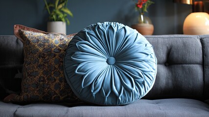 Stylish round blue cushion elegantly placed on a cozy gray sofa, enhancing the modern interior decor.