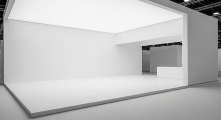 A modern, minimalist exhibition booth design, featuring clean white walls and bright lighting, creating an open space.