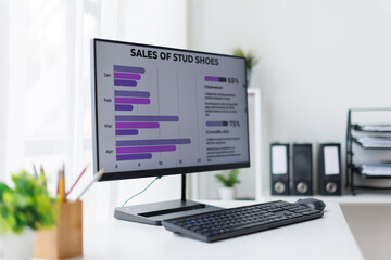 Desktop Computer Monitor with Finance Statistical Data Software and Progressive User Interface Standing on the Desk in the Modern Business Office. In the Background Glass Wall with Big City Office.
