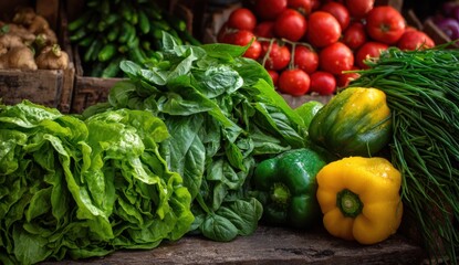 Freshly harvested vegetables and greens create a vibrant display of nature's bounty, promising healthy meals and culinary delights.